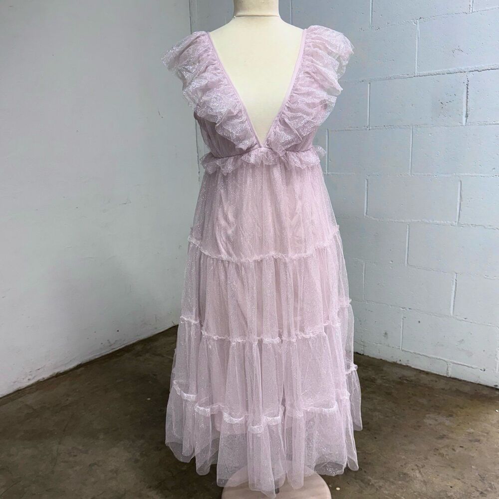 Glinda Sparkly shimmery coquette tiered ruffle pink maxi dress - Picture 3 of 8